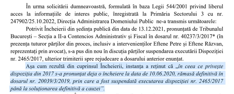 Extras din răspunsul Primăriei Sectorului 3 pentru Libertatea