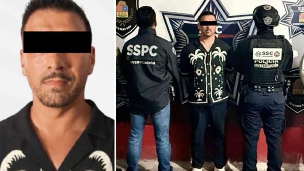 Imaginea este un colaj care prezintă portretul unui bărbat cu identitatea protejată și o scenă în care același bărbat, purtând o cămașă cu imprimeu cu palmieri, este escortat de ofițeri de poliție în fața unui perete cu însemne oficiale.
