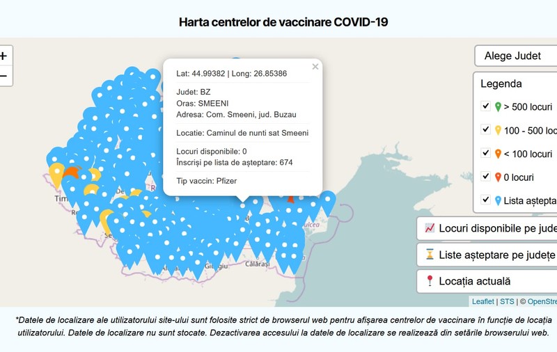 Platforma de vaccinare afișează de astăzi tipurile de vaccin din fiecare centru. Harta interactivă a centrelor