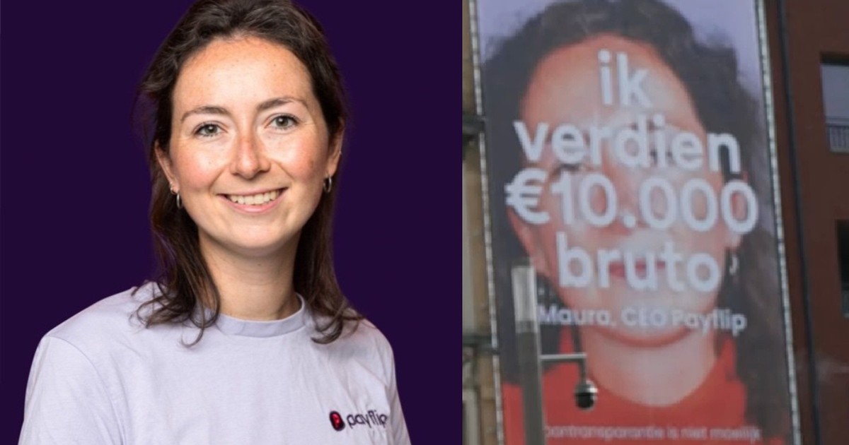 O femeie cu un tricou alb, cu un logo payflip în dreapta// un panou publicitar cu fata unei femei pe care este afisat salariul de 10.000 de euro