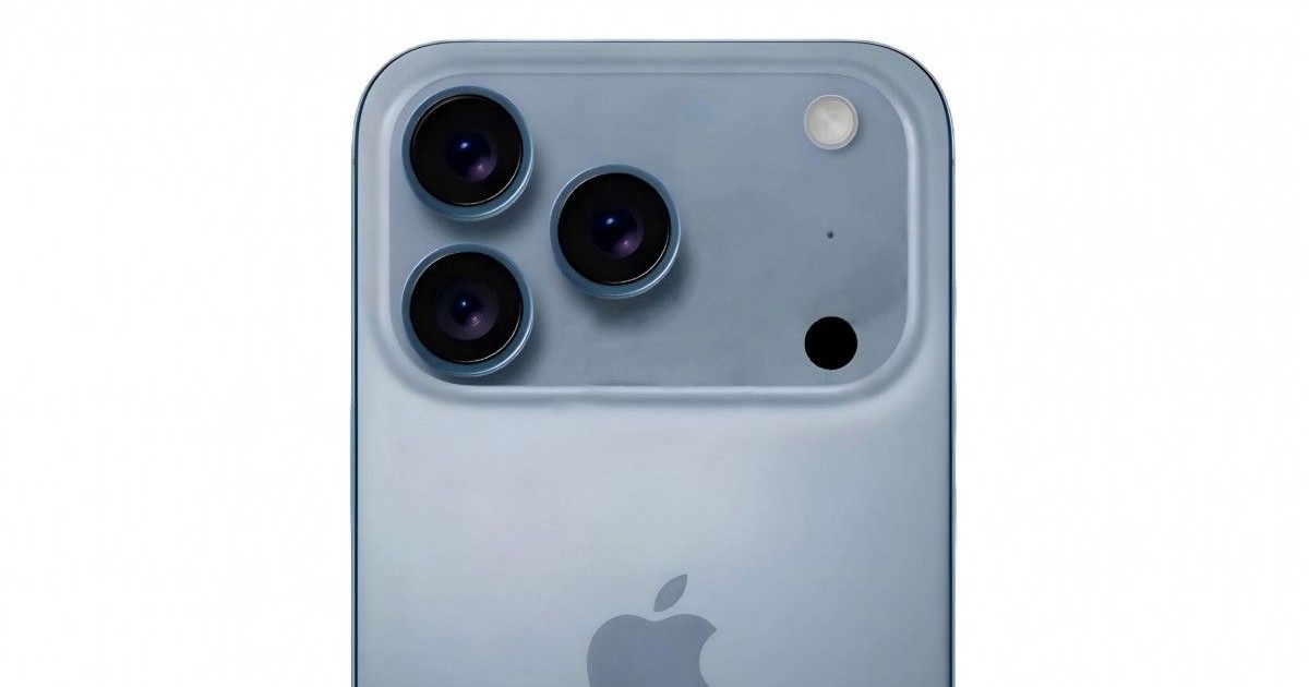 Prim plan imaginat cu eventualul spate al noului iPhone 17 Pro în culoare „Sierra Blue”.