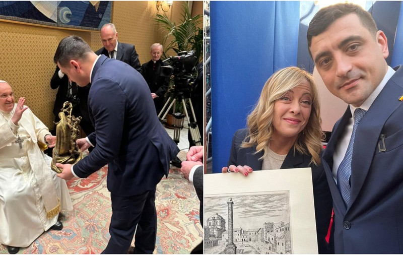 Prezent la Roma la o reuniune a suveraniștilor europeni, George Simion s-a întâlnit cu Papa Francisc, la Vatican, și i-a dăruit o sculptură