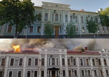 Clădirea SBU din Cernihiv, înainte de bombardament (foto sus) și după | Foto: Google Street View