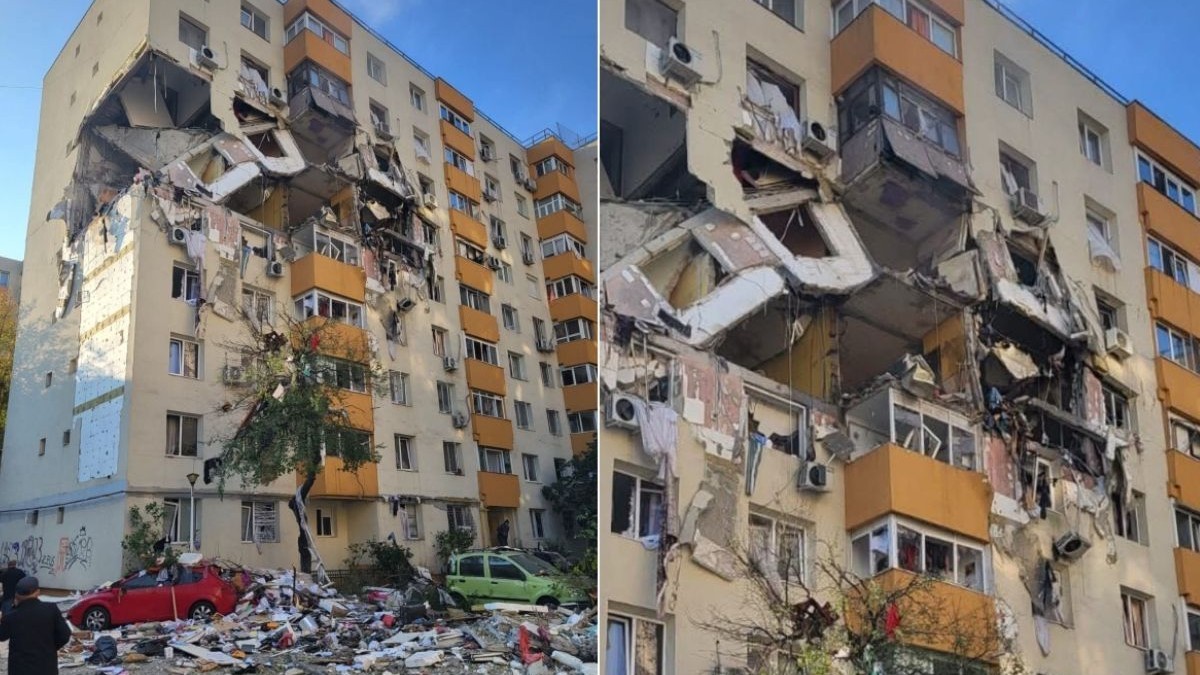 Colaj cu două fotografii în care apare blocul distrus de o explozie, în cartierul Rahova din București, pe 17 octombrie 2025.