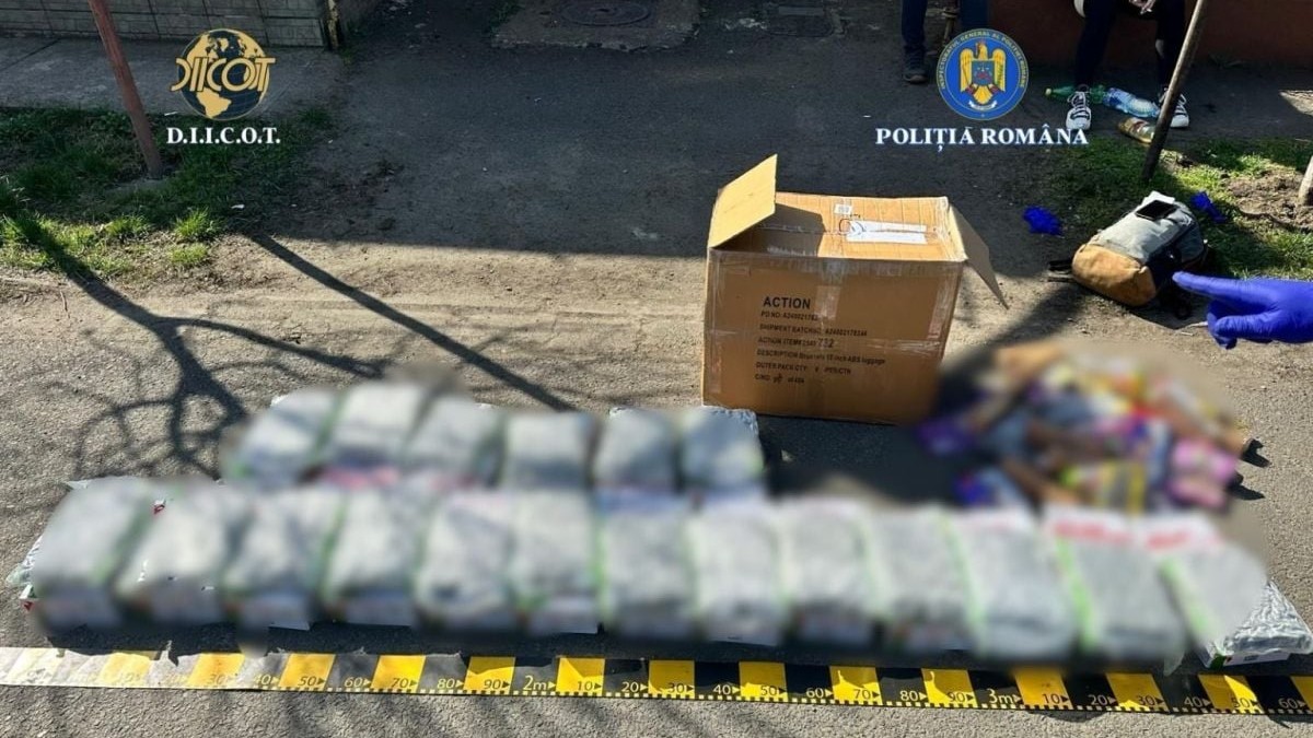 pachete de droguri stau aliniate în fața unei cutii de carton, martie 2026