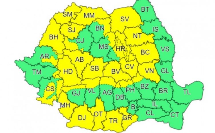 Zonele vizate de prima atenționare cod galben de vânt puternic, valabilă luni până la ora 16.00