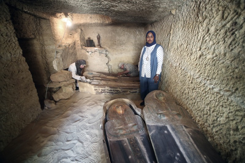epa07546656 An Egyptian archaeologist works on a sarcophagus at the site of an ancient old Kingdom cemetery that was uncovered at the south-eastern side of Giza Plateau, Giza, Egypt, 04 May 2019. An Egyptian Archaeological Mission discovered part of an Old Kingdom cemetery during excavations carried out at the south-eastern side of Giza Plateau. The team uncovered several Old Kingdom tombs and burial shafts but the oldest one to be discovered is a limestone family tomb from the fifth dynasty (circa 2500 B.C.) which retains some of its inscriptions and scenes. EPA-EFE/KHALED ELFIQI