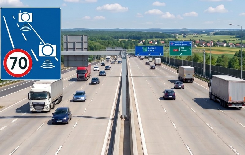 O autostradă intens circulată de camioane și autoturisme, suprapusă în colțul din stânga sus cu un indicator albastru ce semnalizează monitorizarea vitezei prin camere video și o limită de 70 km/h / Imagine realizată cu inteligența artificială