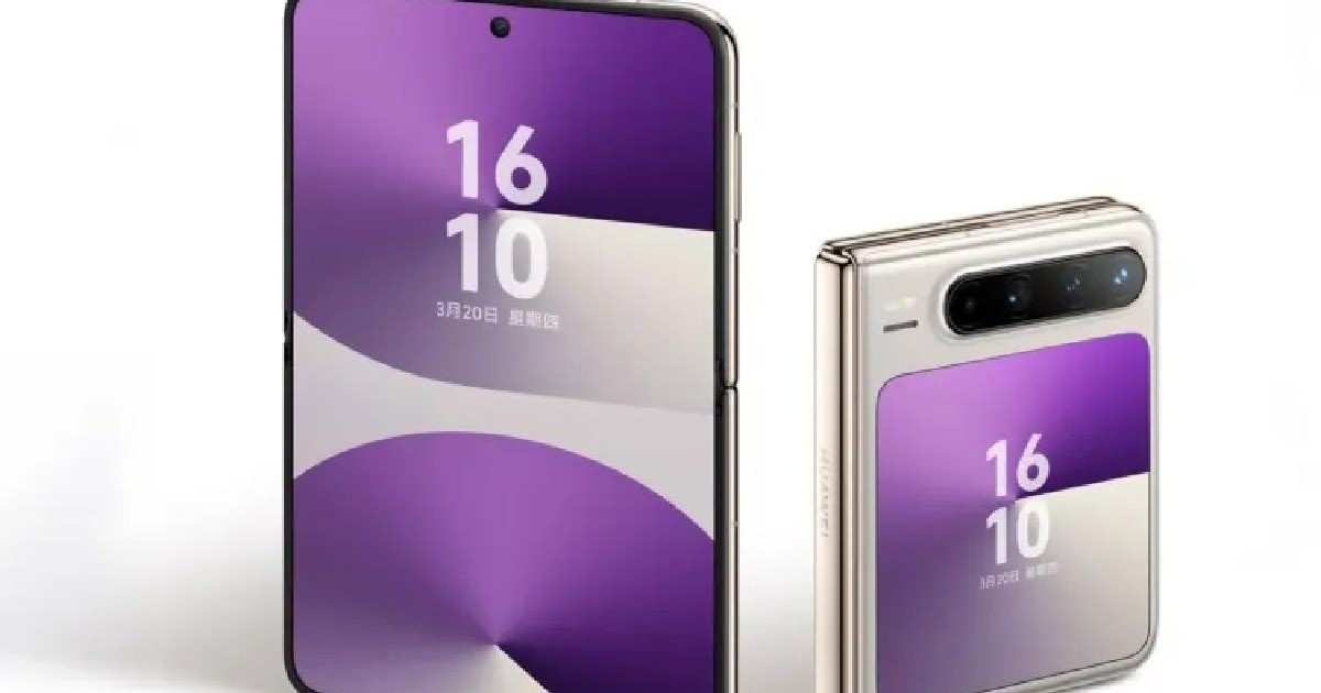 Poză de prezentare cu noul Huawei Pura X, telefon reprezentat în format pliat și depliat.