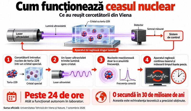 Cum funcționează ceasul nuclear al cercetătorilor din Viena. Imagine generată cu ajutorul Inteligenței Artificiale