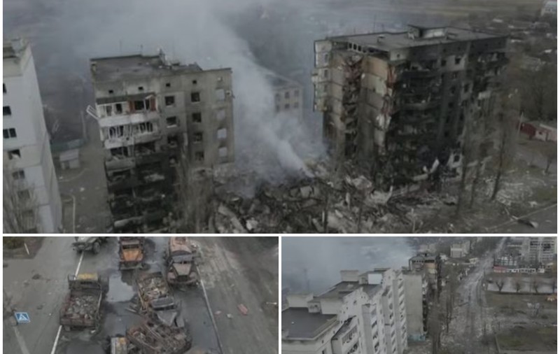 Filmare din dronă cu un oraș din regiunea Kiev bombardat de armata rusă. Ce a mai rămas din blocurile lovite de rachete