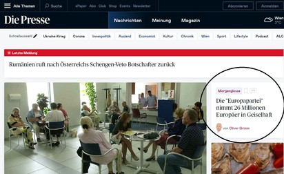 Textul critic la adresa guvernului, pe prima pagină a site-ului Die Presse