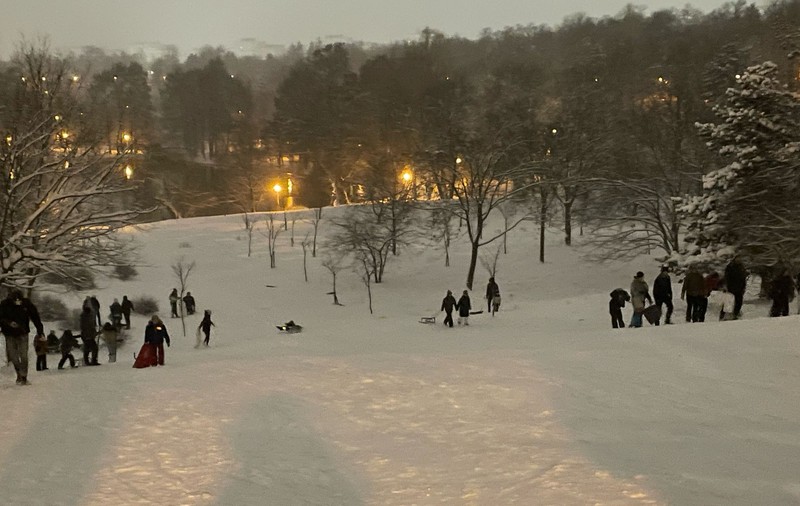 Sărituri cu schiurile și cu placa în Parcul Tineretului din București, după ninsoarea abundentă din ultimele zile