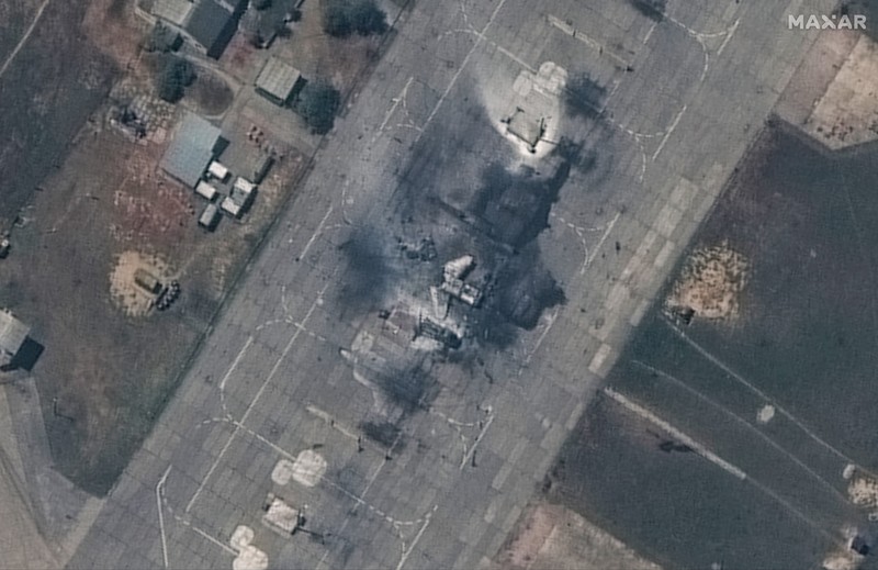 This handout satellite image taken and released by Maxar Technologies on May 16, 2024 shows a destroyed MiG-31 fighter aircraft at Belbek Airbase near Sevastopol, Crimea.,Image: 873726078, License: Rights-managed, Restrictions: RESTRICTED TO EDITORIAL USE - MANDATORY CREDIT "AFP PHOTO/ SATELLITE IMAGE ©2024 MAXAR TECHNOLOGIES" - NO MARKETING NO ADVERTISING CAMPAIGNS - DISTRIBUTED AS A SERVICE TO CLIENTS - THE WATERMARK MAY NOT BE REMOVED/CROPPED, *** HANDOUT image or SOCIAL MEDIA IMAGE or FILMSTILL for EDITORIAL USE ONLY! * Please note: Fees charged by Profimedia are for the Profimedia's services only, and do not, nor are they intended to, convey to the user any ownership of Copyright or License in the material. Profimedia does not claim any ownership including but not limited to Copyright or License in the attached material. By publishing this material you (the user) expressly agree to indemnify and to hold Profimedia and its directors, shareholders and employees harmless from any loss, claims, damages, demands, expenses (including legal fees), or any causes of action or allegation against Profimedia arising out of or connected in any way with publication of the material. Profimedia does not claim any copyright or license in the attached materials. Any downloading fees charged by Profimedia are for Profimedia's services only. * Handling Fee Only ***, Model Release: no
