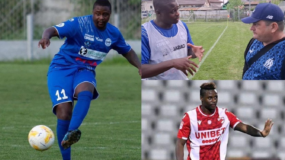 Colaj din trei fotografii cu Magaye Guaye, fostul fotbalist de la Dinamo, îmbrăcat în echipament albastru în stânga și echipamentul alb-roșu de la Dinamo în dreapta-jos