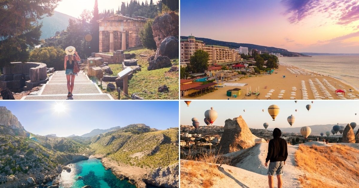 colaj foto format din 4 forografii: fotografia din stanga sus arată O turistă în Grecia, situl turistic Delphi la apus, imaginea din dreapta sus arata Vedere panoramică asupra plajei Golden Sands din Bulgaria, imaginea din stanga jos arata Cala Figuera (Formentor), Mallorca, Balearic Islands, Spain iar imaginea din dreapa jos arata Un bărbat se îndreaptă spre baloanele cu aer cald din Capadocia, pe o potecă incredibil de magică. Călătorie în Turcia