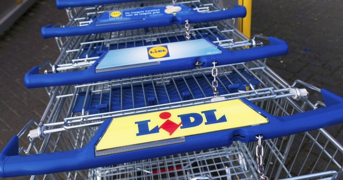 Imaginea prezintă mai multe cărucioare de cumpărături metalice aliniate în rând, evidențiind mânerele albastre inscripționate cu logoul mărcii Lidl.