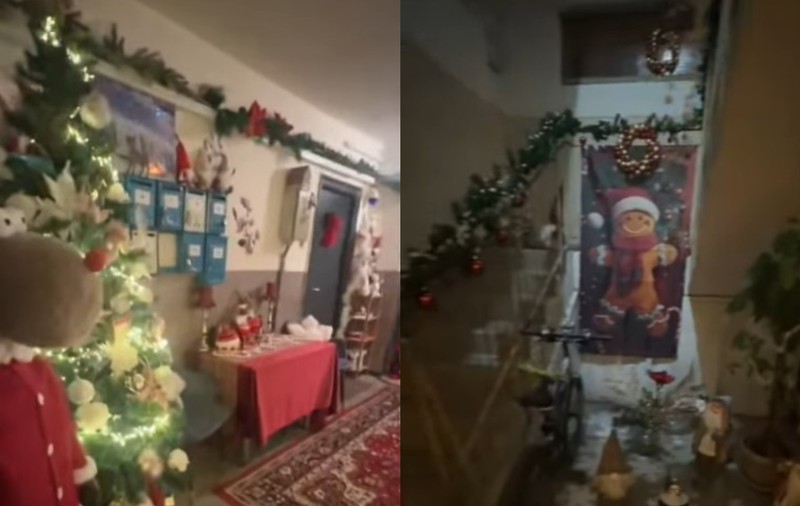 Scara unui bloc din Drobeta-Turnu Severin, transformată într-o poveste de Crăciun de o familie de români recent întoarsă din Germania