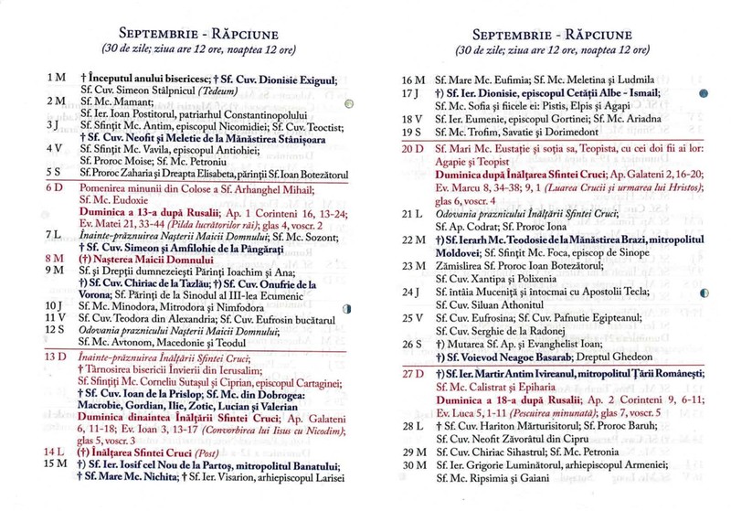 Calendar ortodox septembrie 2020