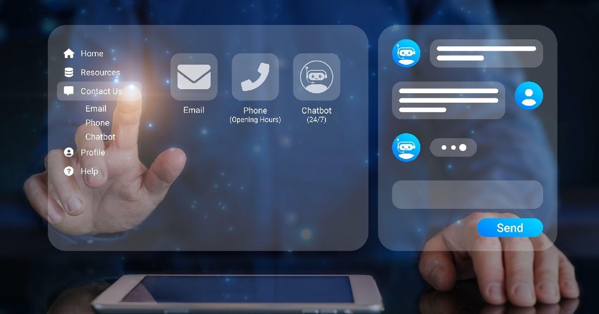 Asistent de conversație chatbot. Persoană care utilizează serviciul de asistență online cu chatbot pentru a obține asistență. Butonul „Contactați-ne”.