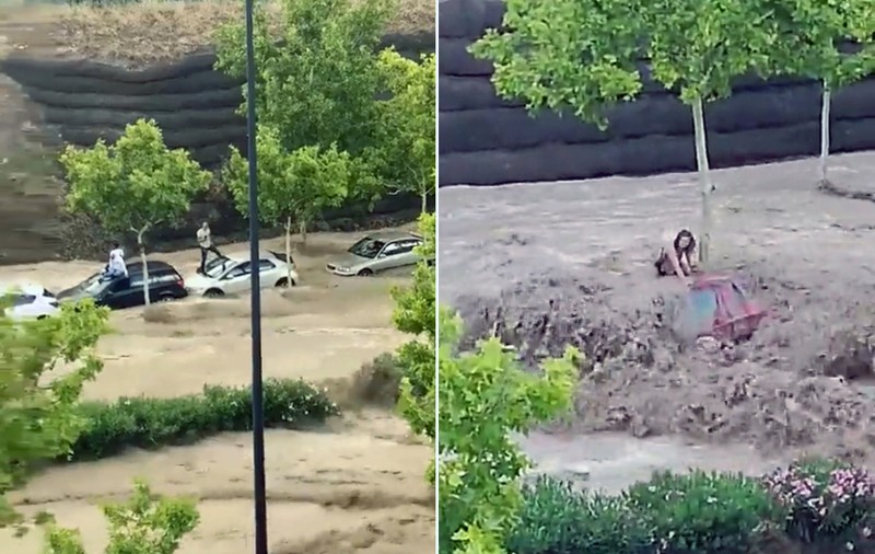 Inundațiile au făcut ravagii în Spania. Oamenii s-au urcat pe mașini și s-au agățat de pomi ca să nu fie luați de ape. VIDEO