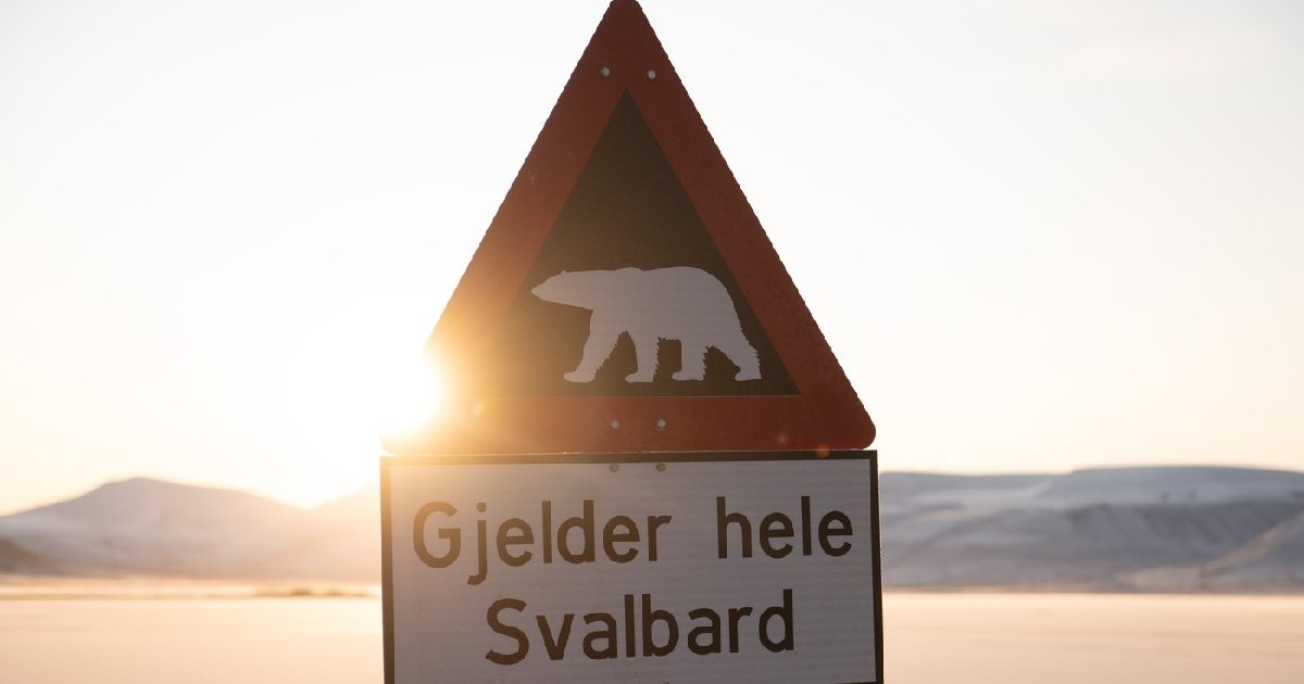 24 septembrie 2023, Norvegia, Longyearbyen: Un panou cu inscripția "Atenție la urșii polari" se află la capătul satului din valea Adventdalen la răsăritul soarelui.