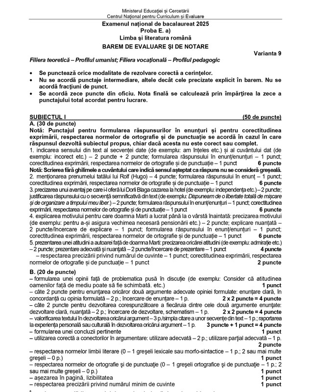 Baremul de corectare la BAC Română 2025 - sesiunea de toamnă