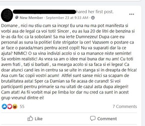 Postare de pe grupul de Facebook „Și eu pot fi Damian”