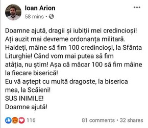 Mesajul preotului Ion Arion| sursa Facebook