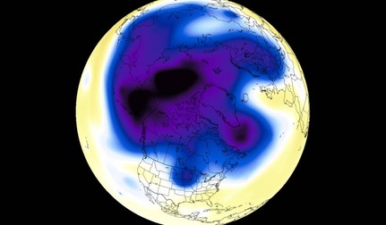 Vortexul polar văzut la aproximativ 5 kilometri altitudine, unde poate forma extensii de aer rece spre America de Nord și Europa. Foto: Severe Weather Europe