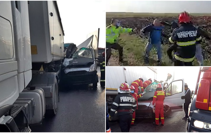 VIDEO / Bătaie între camionagii, după un accident mortal, lângă Alexandria. Tată și fiu au strivit o dubă între TIR-urile lor