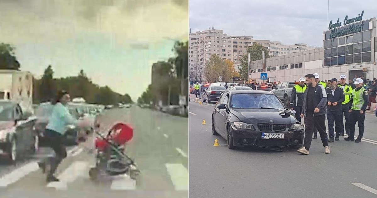 Colaj foto cu femeia care împinge căruțul cu fiica sa, în stânga, și BMW-ul de culoare neagră și șoferul înconjurat de polițiști în uniformă, în dreapta