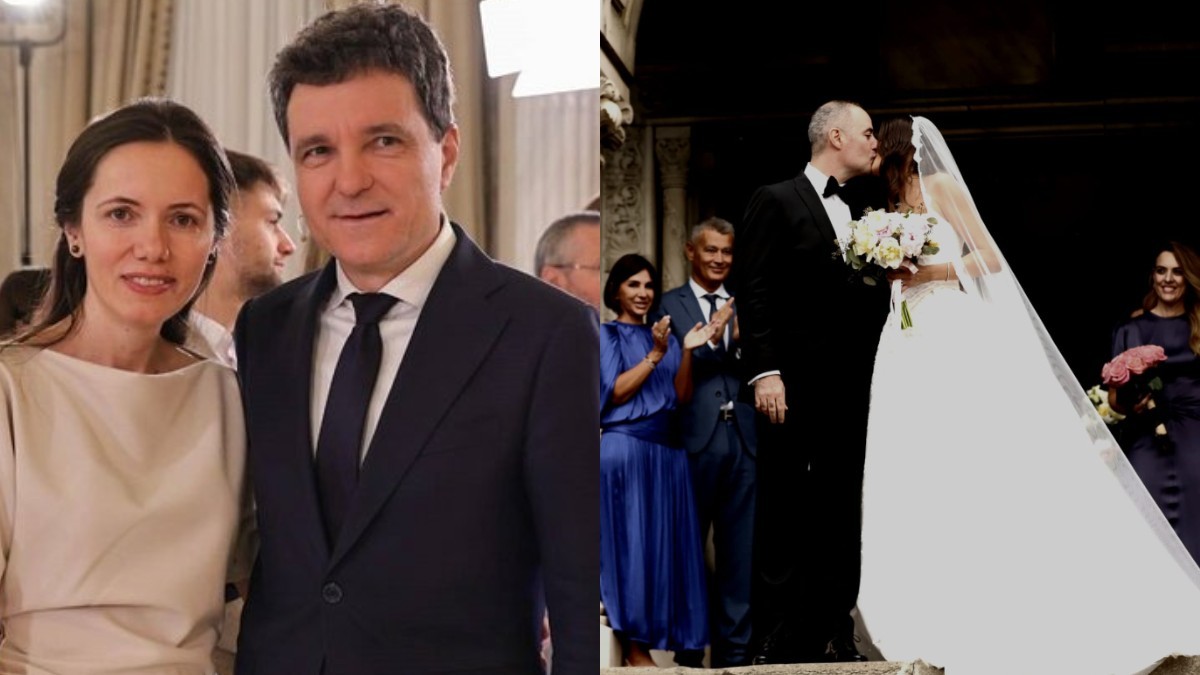 Colaj format din două fotografii: în imaginea din stânga este președintele Nicușor Dan alături de Mirabela Grădinaru, iar în imaginea din dreapta sunt Alexandra Nazare și soția lui, pe treptele bisericii, la nunta