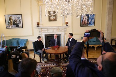 10/10/2024. London, United Kingdom. Prime Minister Keir Starmer meets Ukraine's President Volodymyr Zelenskyy and NATO Secretary General Mark Rutte for a trilateral meeting in 10 Downing Street.,,Image: 919261753, License: Rights-managed, Restrictions: Restrictions: This image is for Editorial use purposes only. The Image can not be used for advertising or commercial use. The Image can not be altered in any form. All images are Crown copyright and re-usable under the Open Government Licence v3.0, except where otherwise stated. To view this licence, visit: https://www.nationalarchives.gov.uk/doc/open-government-licence/version/3/ Pictures marked as the copyright of a third party may only be re-used with permission from the rights holder., Model Release: no