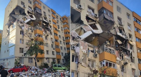 Colaj cu două fotografii în care apare blocul distrus de o explozie, în cartierul Rahova din București, pe 17 octombrie 2025.