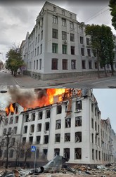 Facultatea de Economie din Harkov, înainte de bombardament (foto sus) și după bombardament | Surse foto: Google Street View și Profimedia