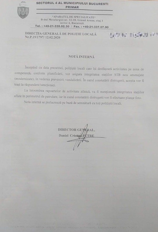 Nota prin care polițiștii locali sunt anunțați că vor păzi stațiile STB