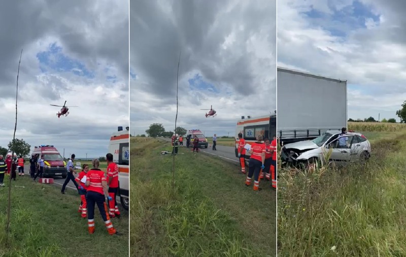 Accident grav în județul Buzău, după o ciocnire între un TIR și un autoturism. O femeie a murit, altă persoană a fost preluată de elicopterul SMURD