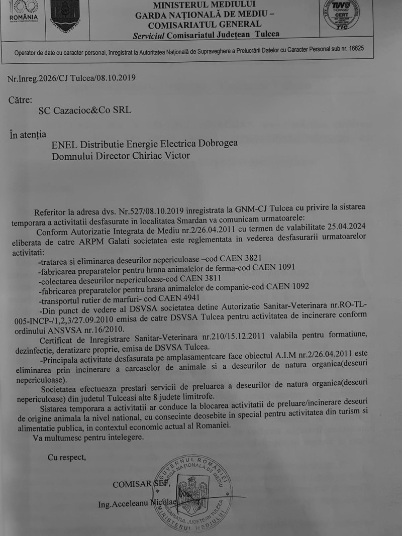 Adresa Gărzii de Mediu Tulcea către ENEL