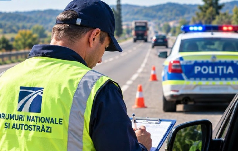 Un bărbat de la Drumuri Naționale și Autostrăzi vorbește cu un șofer aflat în mașină, în timp ce notează pe o foaie. În fața mașinii oprite se află o autospecială de poliție