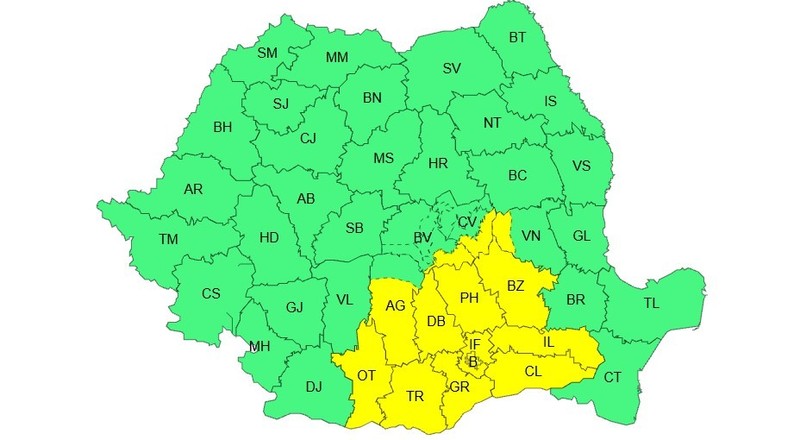 Meteorologii au emis o atenționare Cod Galben valabilă în intervalul 12 octombrie, ora 10:00 – 13 octombrie, ora 10:00. Sursă foto: Administrația Națională de Meteorologie