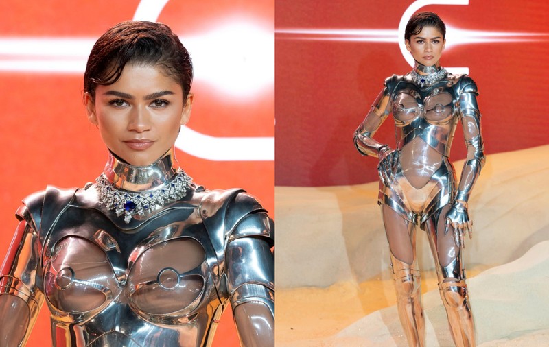 Zendaya, apariție excentrică într-un costum metalic. Ținuta actriței de la premiera filmului „Dune 2” e creată în 1995