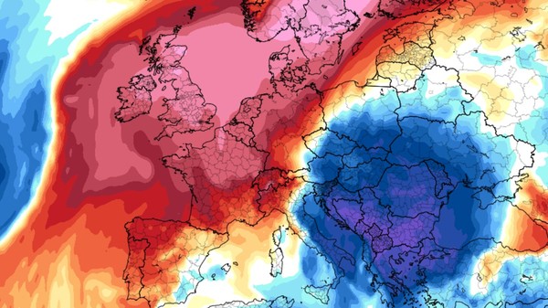 o hartă meteorologică a Europei ce indică o masă de aer rece, reprezentată în nuanțe de albastru și violet peste Europa de Est și Centrală, în contrast cu masele de aer cald reprezentate în roșu și roz în vestul continentului.