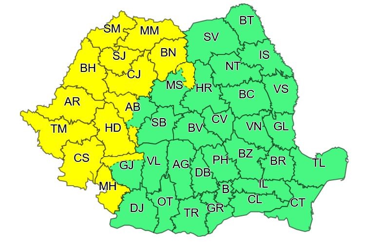 Harta zonelor vizate de cod galben de ploi și vijelii