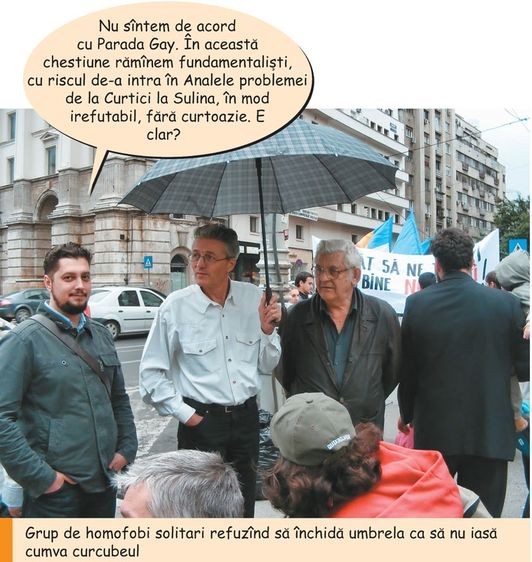 Imagine în care apare și Claudiu Târziu (stânga), din timpul unui marș anti-gay din 2010. A fost publicată într-un articol din Academia Cațavencu din același an.&nbsp;