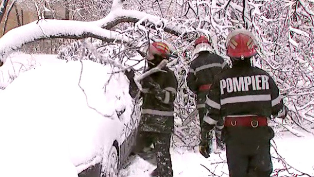 Ninsori, lapoviţă şi polei, în intervalul 9-11 ianuarie. O ambulanță și alte mașini îți fac loc prin viscol. Pompieri care înlătură crengile unui copac, plin de zăpadă, căzut pete o mașină