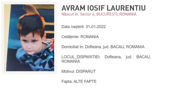 Imaginea prezintă o fișă oficială de căutare a lui Avram Iosif Laurențiu
