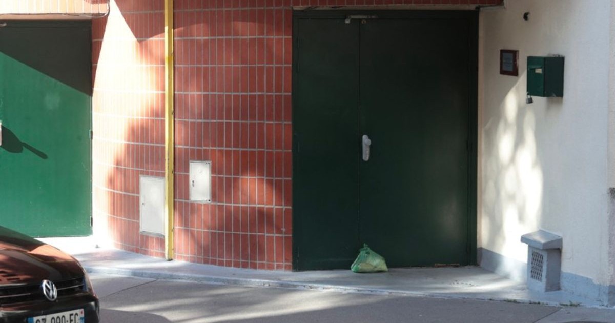 In imagine un cap de porc intr- o punga găsit la o moschee din Paris - Franța, pe jos in fata cladirii