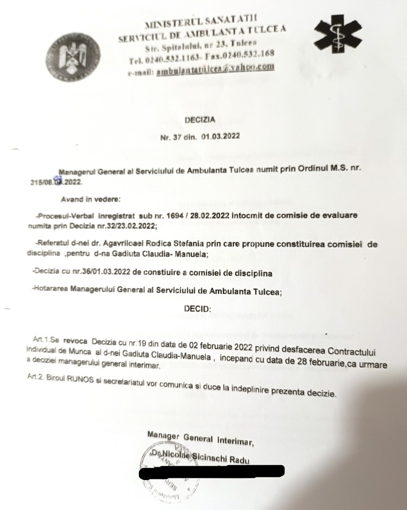Decizie revocare concediere Gîdiuţă