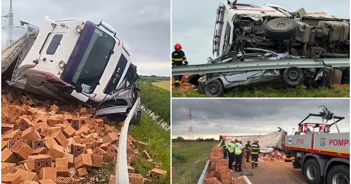 Colaj ce înfățișează consecințele unui grav accident de circulație în care un TIR încărcat cu cărămizi s-a răsturnat peste un autoturism, încărcătura împrăștiată și intervenția echipajelor de pompieri și poliție la fața locului.